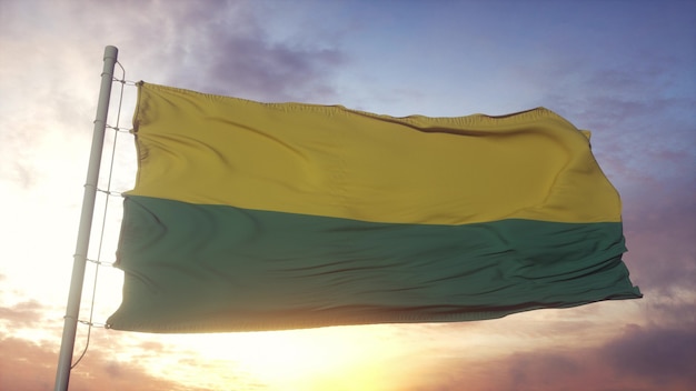 Flagge von Den Haag, Stadt der Niederlande, die im Wind-, Himmels- und Sonnenhintergrund weht. 3D-Rendering