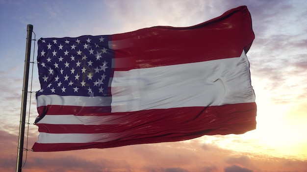 Flagge von Georgia und den USA am Fahnenmast. USA und Georgia gemischte Flagge, die im Wind weht