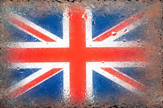 Flagge von Großbritannien Flagge von Großbritannien auf dem Hintergrund von Wassertropfen Flagge mit Regentropfen Spritzer auf Glas