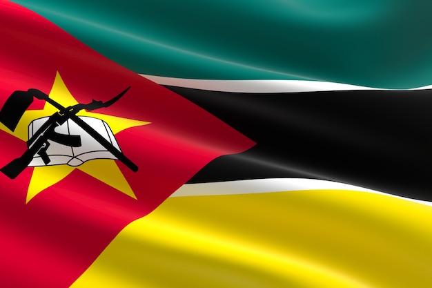 Flagge von Mosambik. 3D-Darstellung der mosambikanischen Fahnenschwingen.