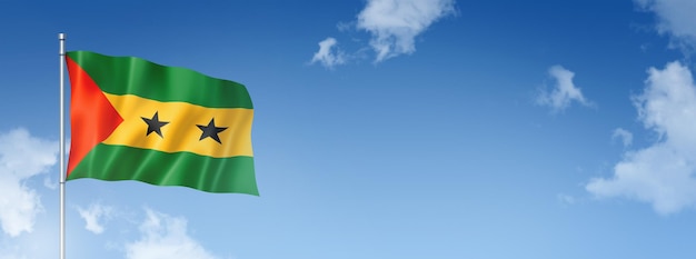 Flagge von Sao Tome und Principe isoliert auf einem blauen Himmel Horizontales Banner