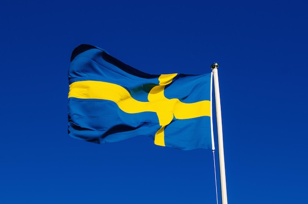 Flagge von Schweden gegen den nationalen patriotischen Hintergrund des blauen Himmels