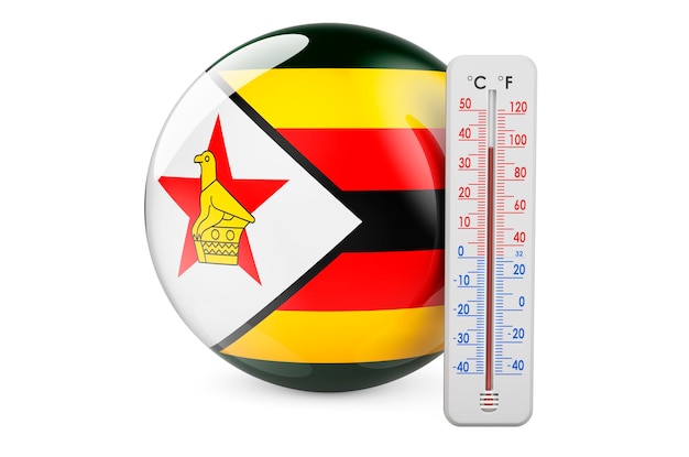 Flagge von Simbabwe mit 3D-Rendering des Thermometers