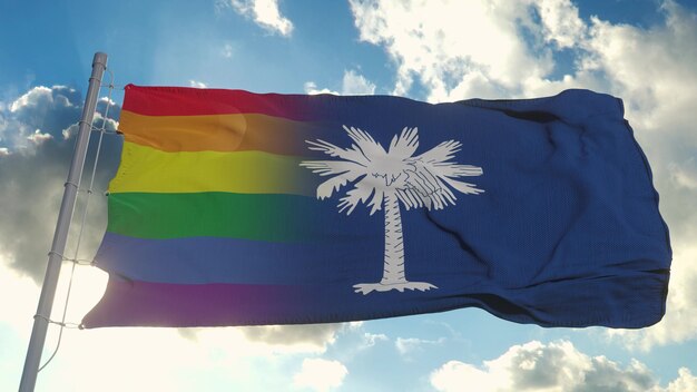 Flagge von south carolina und lgbt. south carolina und lgbt mixed flag wehende im wind. 3d-rendering