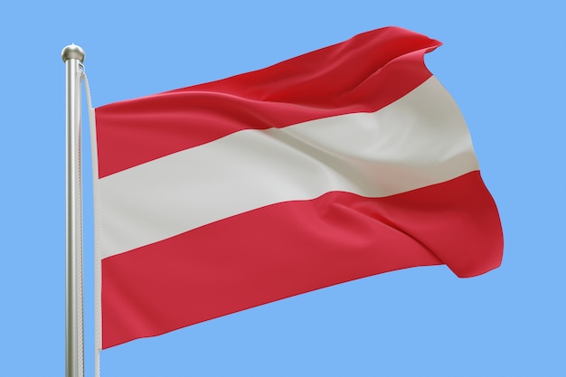 Flagge von Österreich auf Fahnenmast, der im Wind weht. Auf blauem Himmel isoliert