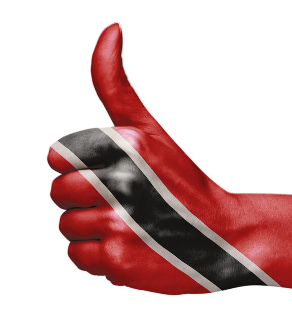 Flagge von Trinidad und Tobago in der Hand, die die Genehmigung anzeigt