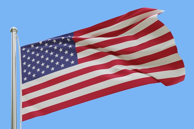 Flagge von USA auf Fahnenmast, der im Wind weht, lokalisiert auf blauem Hintergrund