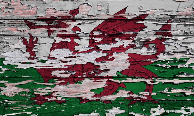 Flagge von Wales auf einer verwitterten Holzwand gemalt