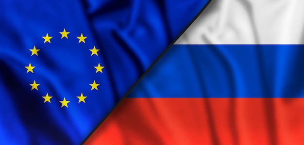 Flaggen der EU und Russlands Konflikte zwischen der Europäischen Union und Russland 3D-Darstellung