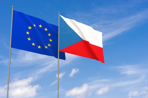 Flaggen der Europäischen Union und der Tschechischen Republik über blauen Himmelshintergrund. 3D-Darstellung