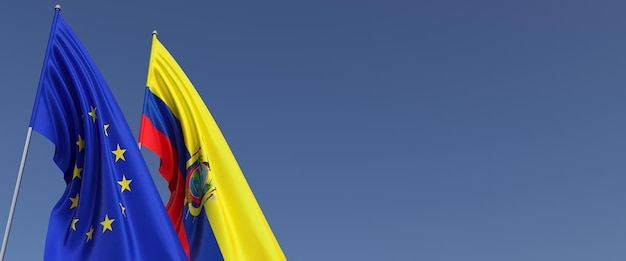 Flaggen der Europäischen Union und Ecuadors an Fahnenmasten an den Seiten Flaggen auf blauem Hintergrund Platz für Text EU Quito 3D-Darstellung