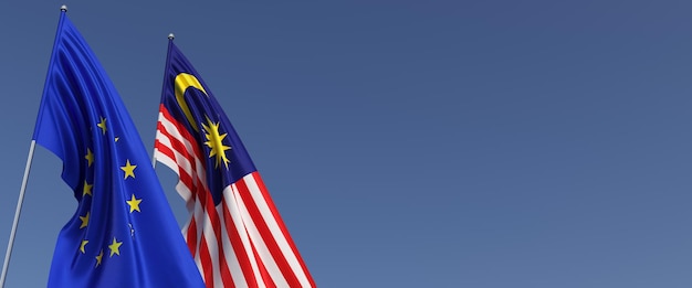 Flaggen der europäischen union und malaysias an fahnenmasten an der seite flaggen auf blauem hintergrund platz für text eu-malaysische 3d-darstellung