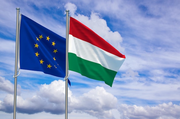Flaggen der Europäischen Union und Ungarns über blauem Himmelshintergrund 3D-Darstellung