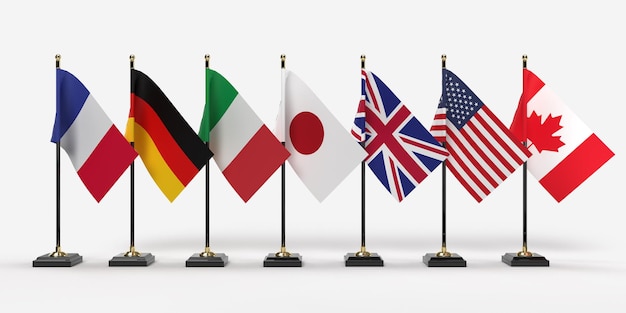 Flaggen der G7-Gruppe von sieben und Liste der Länder Kanada USA Staaten Deutschland Italien Frankreich Japan 3D-Rendering