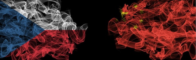 Flaggen der Tschechischen Republik und Chinas Rauchfahnen Tschechien vs. China