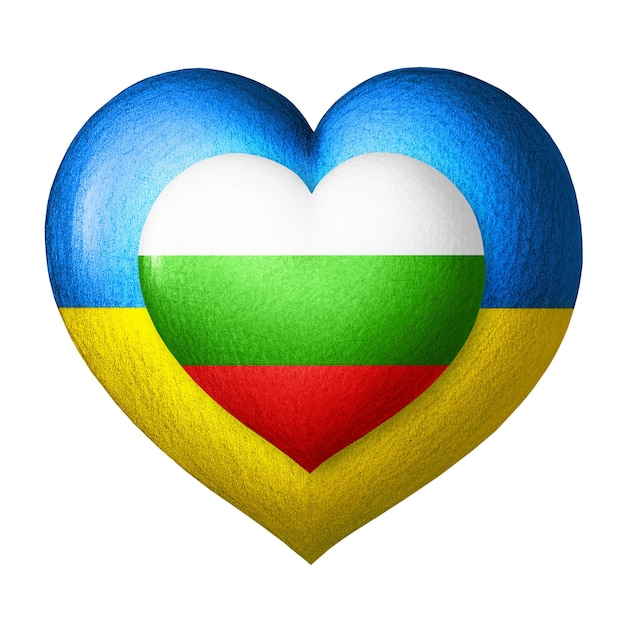Flaggen der Ukraine und Bulgariens Zwei Herzen in den Farben der Flaggen isoliert auf weißem Hintergrund