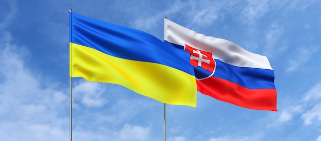 Flaggen der Ukraine und der Slowakei an Fahnenmasten in der Mitte Flaggen am Himmelshintergrund Platz für Text Ukrainische Bratislava 3D-Darstellung