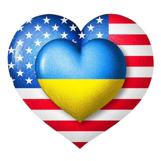 Flaggen der Ukraine und der USA Zwei Herzen in den Farben der Flaggen isoliert auf einem weißen
