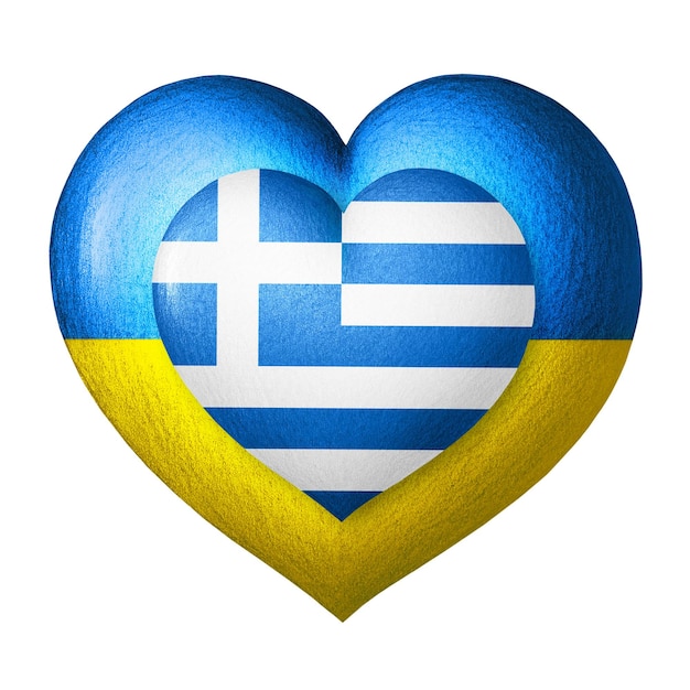Flaggen der Ukraine und Griechenlands Zwei Herzen in den Farben der Flaggen isoliert auf einem weißen