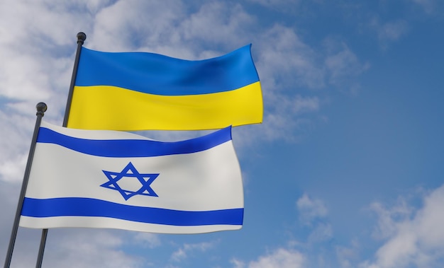 Flaggen der Ukraine und Israels Flagge der Ukraine und Israels mit blauem Himmel und Wolken 3D-Arbeit und 3D-Bild