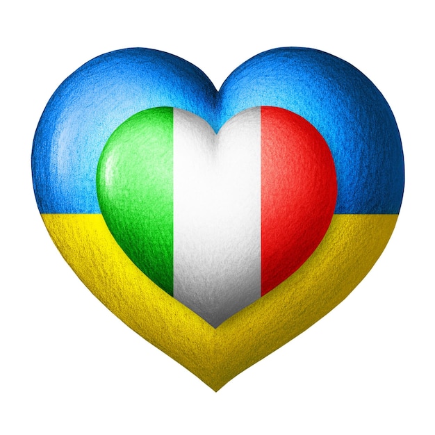 Flaggen der Ukraine und Italiens Zwei Herzen in den Farben der Flaggen isoliert auf weißem Hintergrund