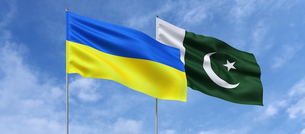 Flaggen der Ukraine und Pakistans auf dem Fahnenmast in der Mitte Fahnen flattern im Wind vor blauem Himmel Ukrainisch Kiew Pakistani 3D-Darstellung