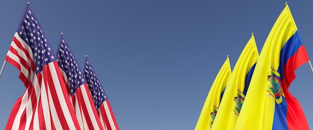 Flaggen der Vereinigten Staaten und Ecuadors an Fahnenmasten an den Seiten Sechs Flaggen auf blauem Hintergrund Amerika USA Washington Quito 3D-Darstellung