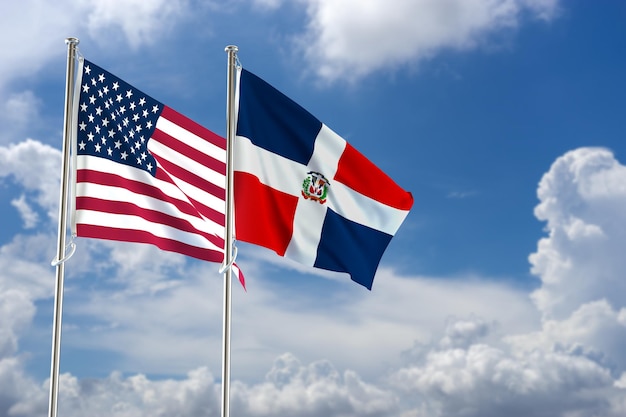 Flaggen der Vereinigten Staaten von Amerika und der Dominikanischen Republik über blauem Himmelshintergrund 3D-Darstellung