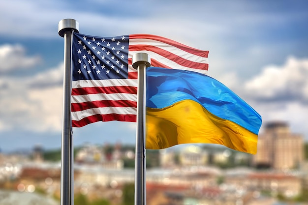 Foto flaggen der vereinigten staaten von amerika und der ukraine gegen kiew auf ba