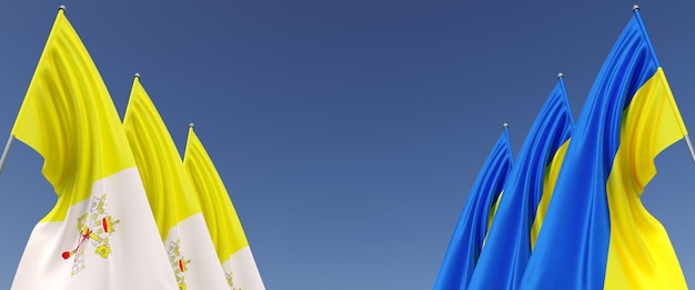 Flaggen des Vatikans und der Ukraine auf Fahnenmasten an den Seiten Flaggen auf blauem Hintergrund Platz für Text Unabhängige freie Ukraine Drei Flagge des Vatikans Commonwealth 3D-Darstellung