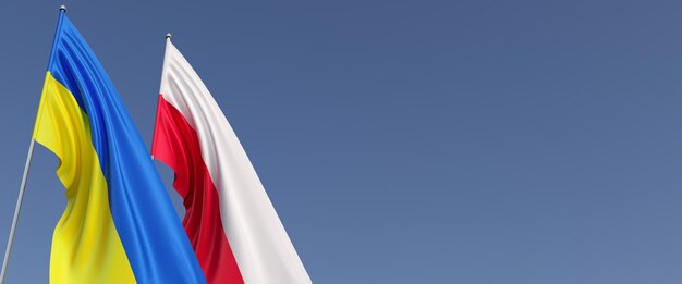 Flaggen Polens und der Ukraine an Fahnenmasten an der Seite Flaggen auf blauem Hintergrund Platz für Text Unabhängige kostenlose Ukraine Polnische Flagge Warschauer Commonwealth 3D-Darstellung
