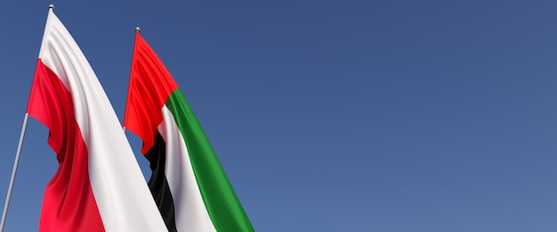 Flaggen Polens und der Vereinigten Arabischen Emirate am Fahnenmast an der Seite Flaggen auf blauem Hintergrund Platz für Text Polnisch Warschau Abu Dhabi 3D-Darstellung