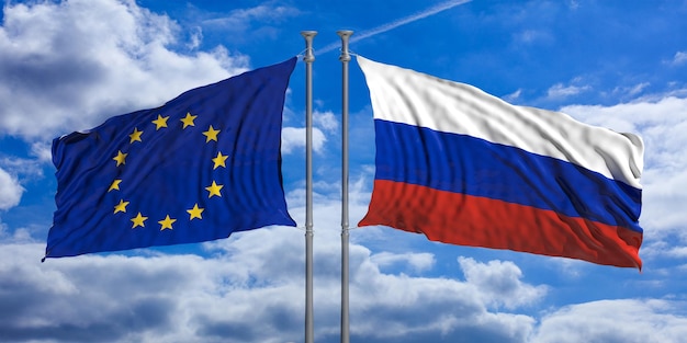 Flaggen Russlands und der Europäischen Union auf blauem Himmelshintergrund 3D-Darstellung