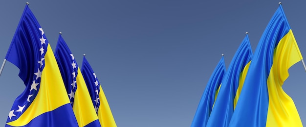 Flaggen von Bosnien und Herzegowina und der Ukraine an Fahnenmasten an den Seiten Flaggen auf blauem Hintergrund Platz für Text Unabhängige freie Ukraine Drei europäische Flaggen Commonwealth 3D-Darstellung