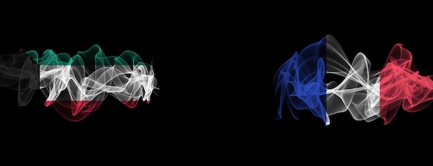 Flaggen von Kuwait und Frankreich. Rauchfahnen Kuwait vs. Frankreich