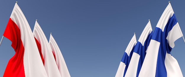 Flaggen von Polen und Finnland auf Fahnenmasten Flaggen auf blauem Hintergrund Platz für Text 3D-Darstellung