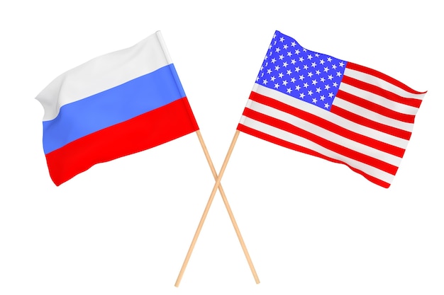 Flaggen von Russland und den USA auf weißem Hintergrund