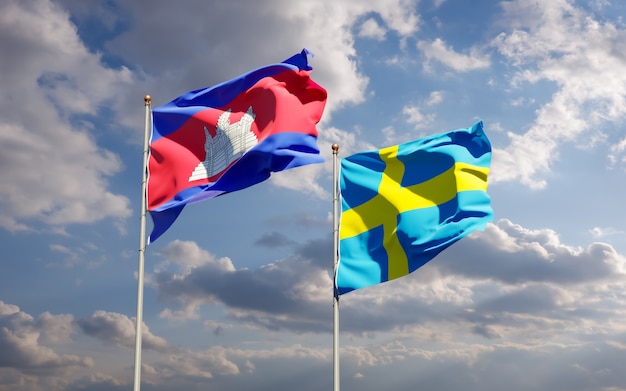 Flaggen von Schweden und Kambodscha. 3D-Grafik