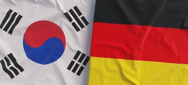 Flaggen von Südkorea und Deutschland Leinenflagge Nahaufnahme Flagge aus Leinwand Koreanisch Seoul Deutscher Staat nationale Symbole 3D-Darstellung