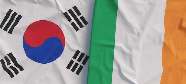 Flaggen von Südkorea und Irland Leinenflagge Nahaufnahme Flagge aus Leinwand Korean Seoul Irish State nationale Symbole 3D-Darstellung