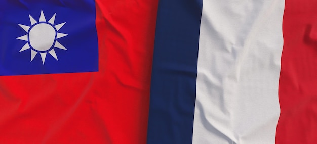 Flaggen von Taiwan und Frankreich Leinenflagge Nahaufnahme Flagge aus Segeltuch Taipei Asien Französischer Staat nationale Symbole 3D-Darstellung