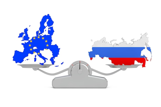 Flaggenkarten der Europäischen Union und Russlands, die auf einer einfachen Gewichtsskala auf einem weißen Hintergrund 3D-Rendering balancieren