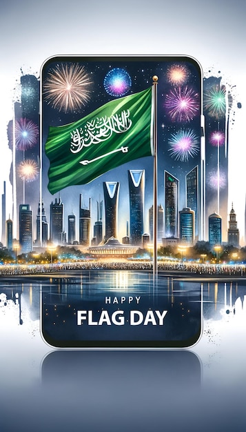 Flaggentagsbanner mit saudiarabischer Flagge und Türmen und Wolkenkratzern