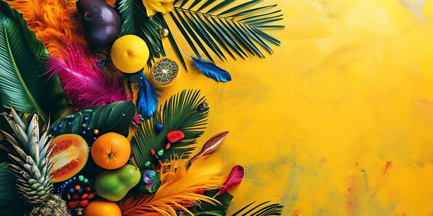 Foto flair de carnaval brasileiro acessórios de samba e frutas tropicais