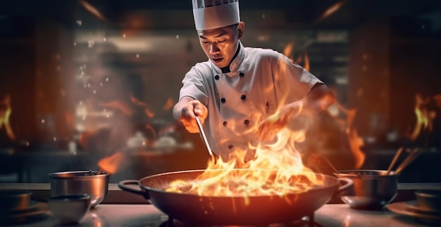 Foto flambe fuego en la sartén chef profesional en una cocina comercial cocinando hombre fryi ia generativa