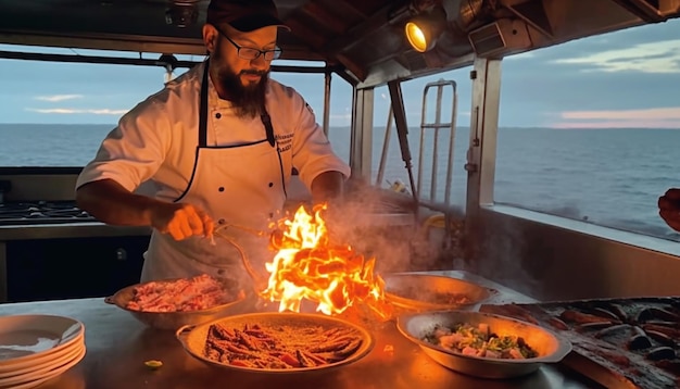 Foto flambe mariscos fritos en una sartén de hierro cocinero jefe vierte el alcohol y el fuego ia generativa