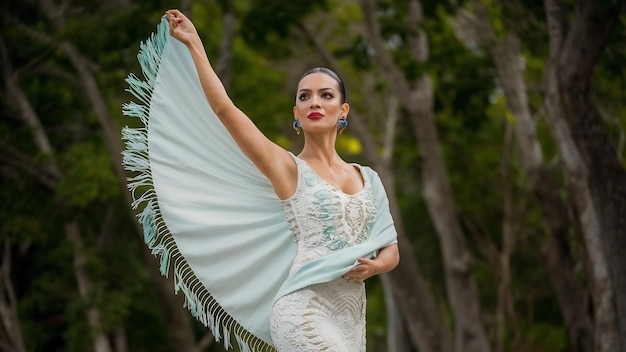 Flamenca segurando graciosamente um xale de manila