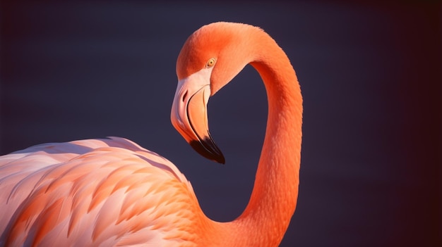 Un flamenco con el cuello extendido y un pico rosado está parado en la oscuridad.