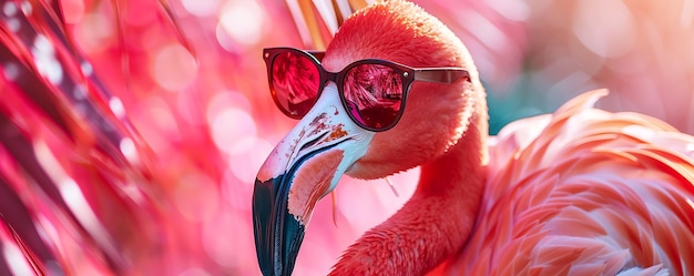 Foto un flamenco con gafas de sol y un fondo rosa