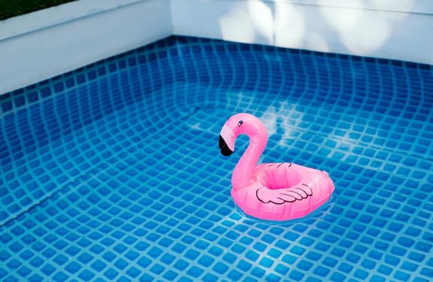 Flamenco inflable rosa en el agua de la piscina para el fondo de la playa de verano Concepto mínimo de verano